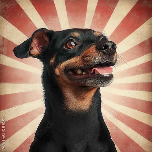 A joyful dog portrait with a vintage sunburst background, radiating happiness. photo