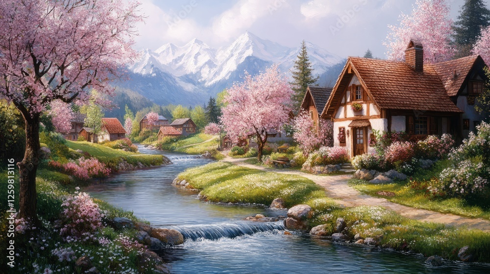 Fototapeta premium A peaceful village scene with a river flowing through, surrounded by blooming trees and green fields 