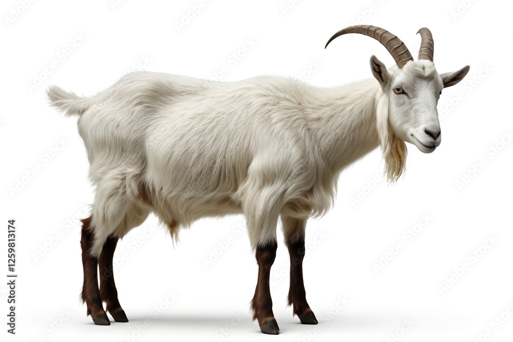 Obraz premium goat with long horns standing on white surface with no one around