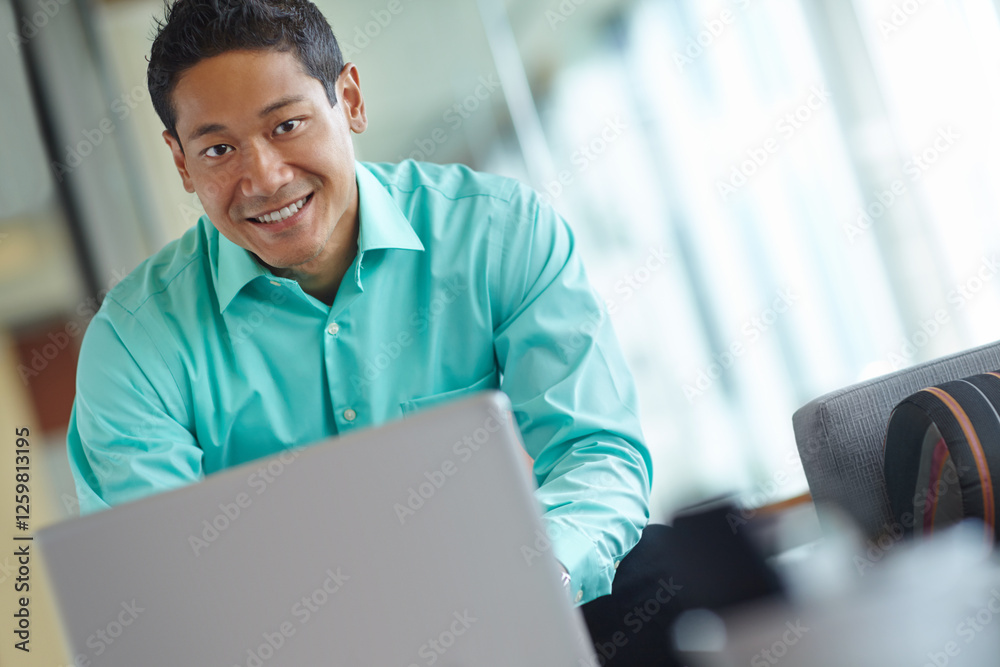 Laptop, portrait and typing with business man in office for Saas account manager, engagement trends or cloud solutions. Subscription renewal, software platform and company integration with employee Laptop, portrait and typing with business man in office for Saas account manager, engagement trends or cloud solutions. Subscription renewal, software platform and company integration with employee