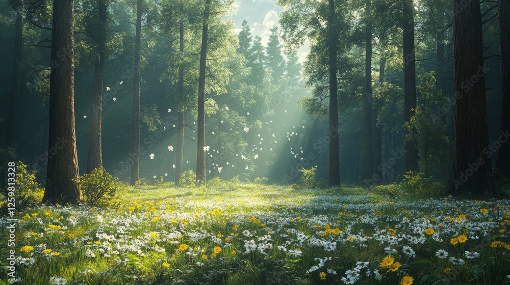 Obraz premium A peaceful spring forest with a carpet of wildflowers, tall trees, and sunlight filtering through the leaves