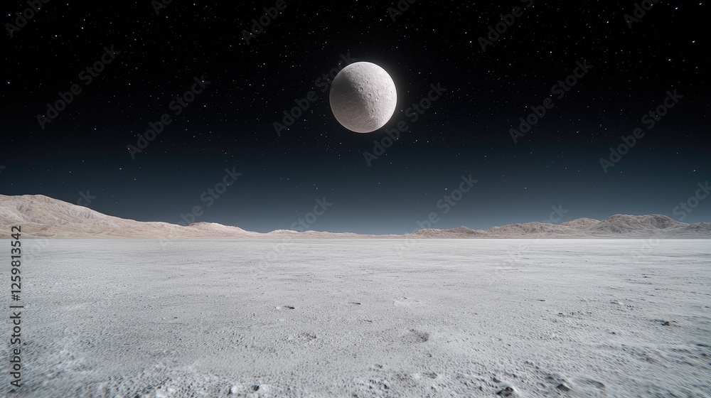 Naklejka premium Night landscape, desert planet, large moon, starry sky, science fiction backdrop