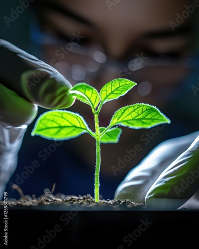 Researchers creating bioengineered plants glowing in a high-tech lab, photo