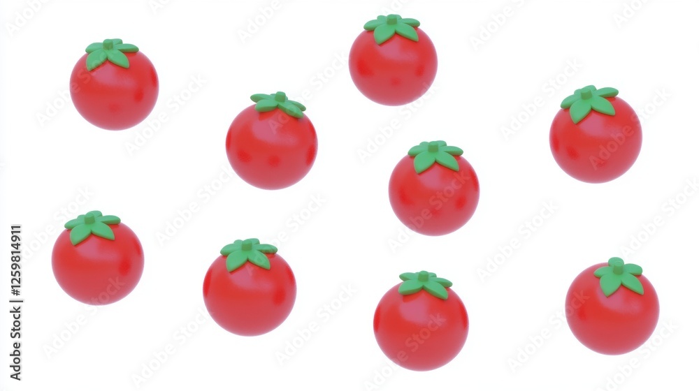 Colorful Plastic Toy Tomatoes Arranged in a Geometric Pattern on a White Background Colorful Plastic Toy Tomatoes Arranged in a Geometric Pattern on a White Background