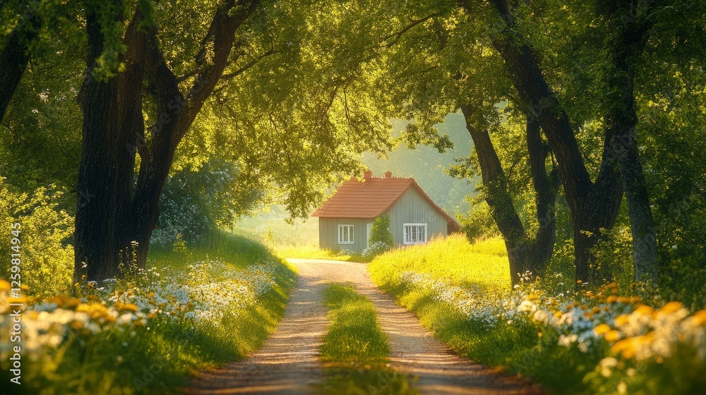 A peaceful countryside road lined with blooming trees, leading to a quaint village under a spring sky A peaceful countryside road lined with blooming trees, leading to a quaint village under a spring sky