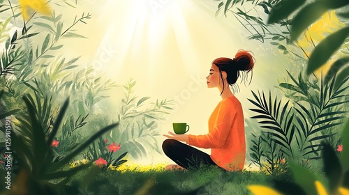 A woman practicing mindfulness with a cup of green tea, sitting in a zen garden surrounded by nature