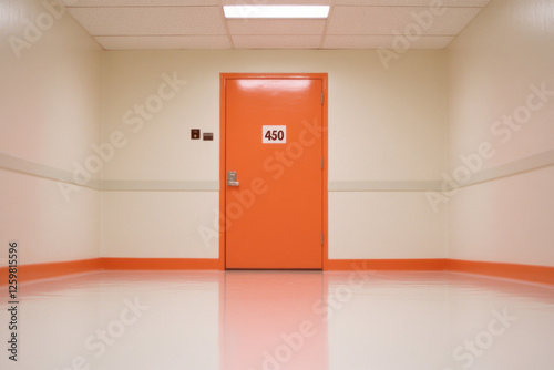 Orange door number 450 in empty corridor reflecting on shiny floor
