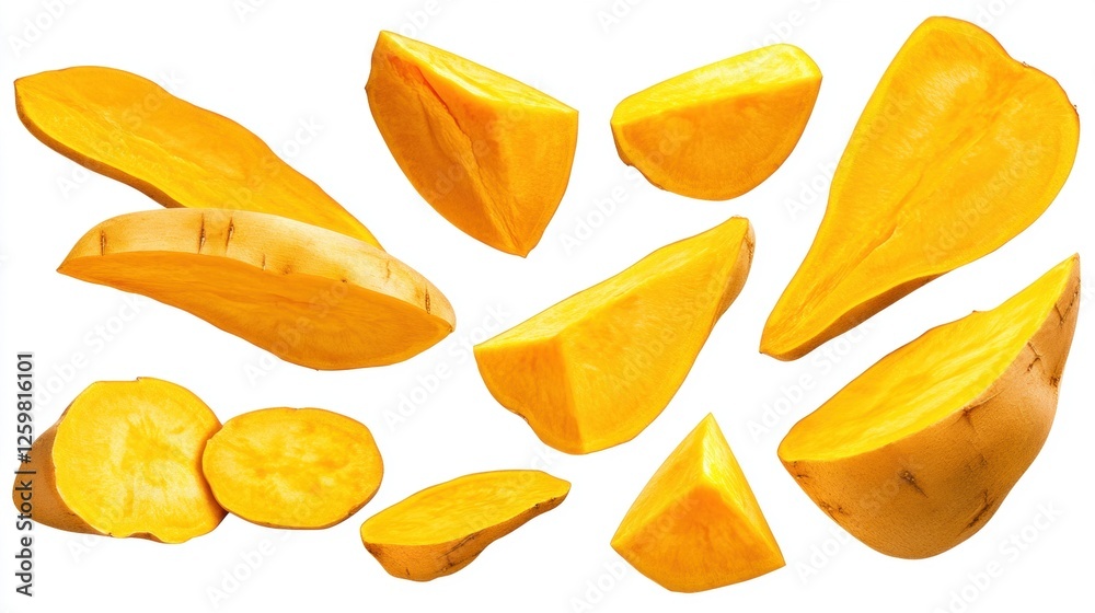 Assorted Fresh Slices of Yellow Sweet Potato Isolated on a White Background Assorted Fresh Slices of Yellow Sweet Potato Isolated on a White Background