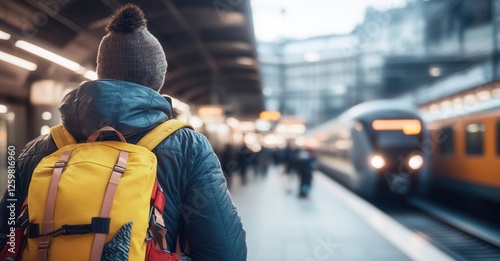 Traveler waits for the train in the platform. Adventure time with a yellow backpack at the railway station. Let's go!