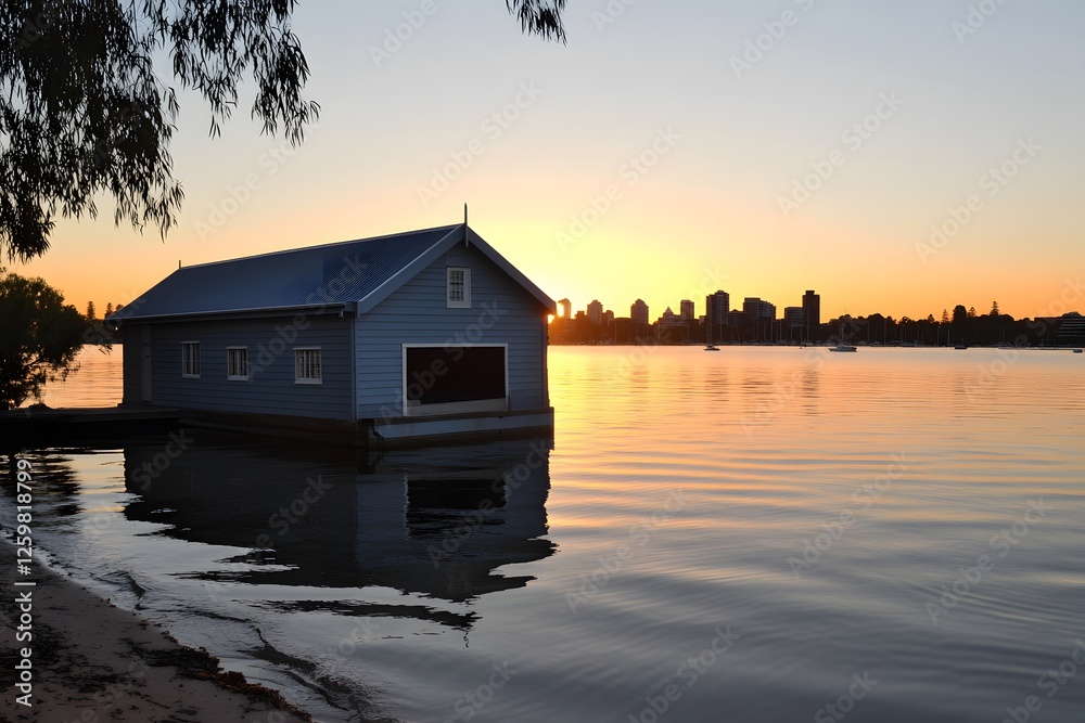 Fototapeta premium Sunset over river, boathouse reflection, city skyline