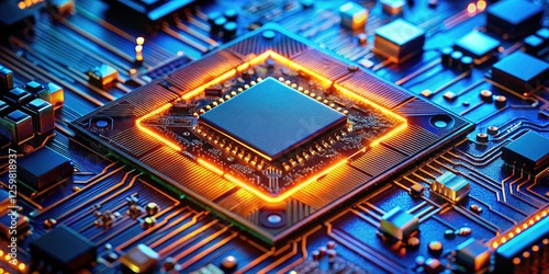 Glowing AI Microchip Macro Photography: Futuristic Tech Circuit Board Closeup