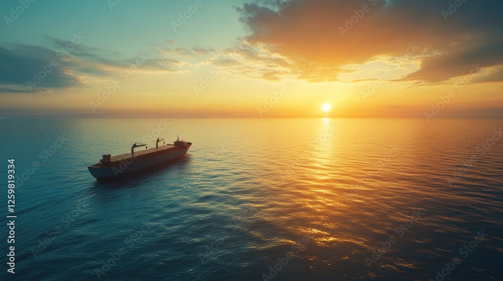 Fototapeta premium Cargo ship in the ocean at sunset with a blue sky and copy space for text
