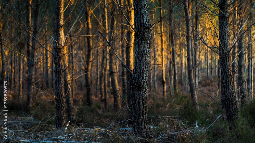 Fototapeta premium Forêt des Landes de Gascogne, pendant le coucher du soleil