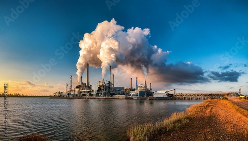 Large industrial factories emit thick smoke from several chimneys into the sky, highlighting the environmental pollution and air quality problems. On one side is a forest of green trees, gradually dif photo