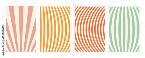 Groovy wave stripe set. Hand drawn groovy, hippie backgrounds. Distorted vertical stripes, warped streaks, fluid liquid wavy lines, doodle waves. Striped rectangle templates collection.