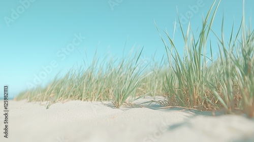 Beach grass blowing in wind, sunny day, ocean background, summer travel poster