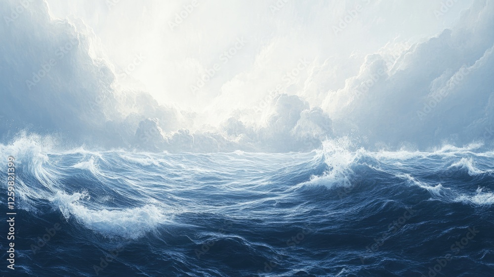 Fototapeta premium Cloudy skies and white foam splashes over serene ocean waves