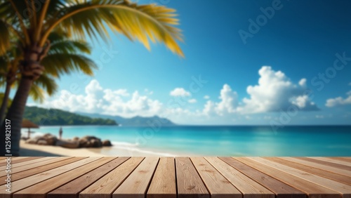 Wooden floor or plank on sand beach in summer. For product display. Calm Sea and Blue Sky Background