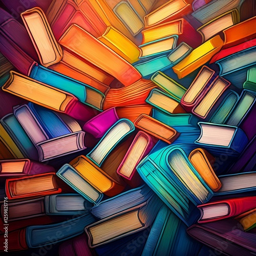 Colorful array of books scattered across a surface creates a vibrant display of literary art