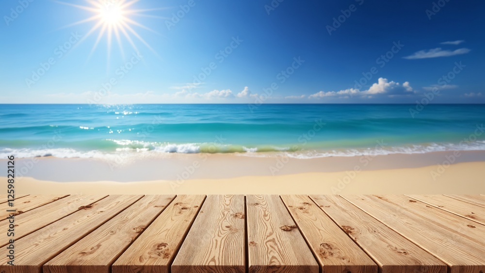 Fototapeta premium Wooden floor or plank on sand beach in summer. For product display. Calm Sea and Blue Sky Background