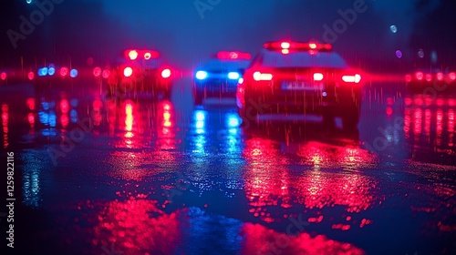 Rainy night, police cars, emergency lights, city street, accident scene