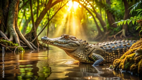A Young Caiman Rests in the Golden Sunlight Filtering Through the Lush, Tropical Forest Canopy, Its Scaly Skin Gleaming