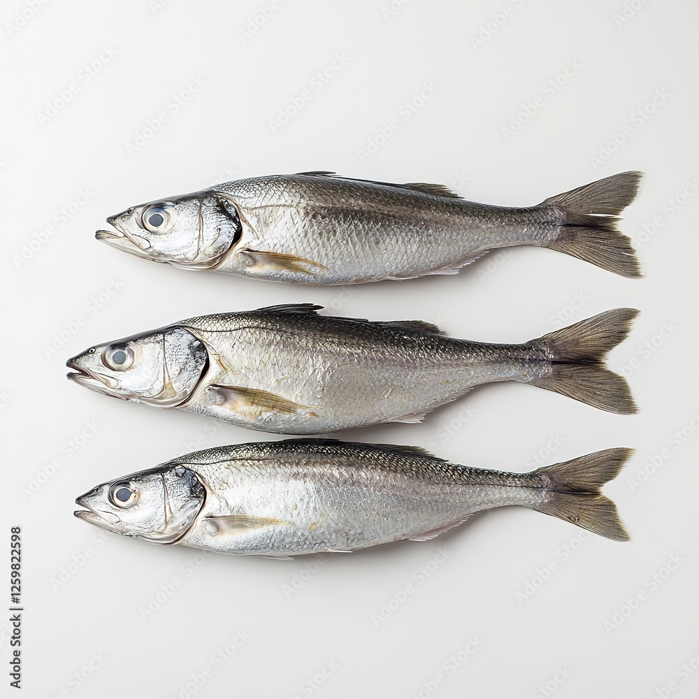 Fresh raw fish arranged on a clean white surface ready for cooking. Fresh raw fish arranged on a clean white surface ready for cooking.