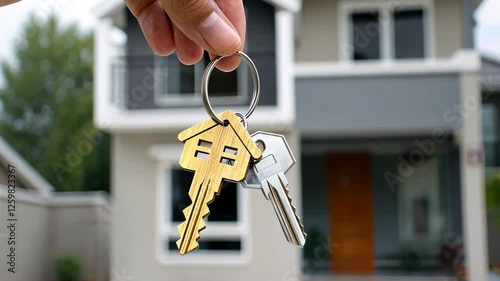 Hand Holding House-Shaped Keychain and Metal Key Against Background of Modern Residential Home Representing New Beginnings and Ownership