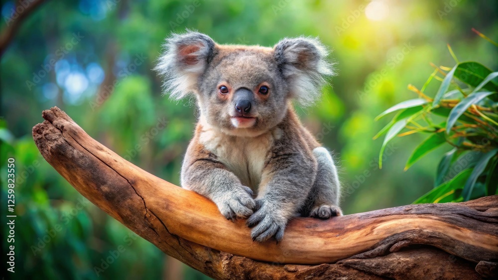 Fototapeta premium A charming koala joey, perched serenely on a weathered branch, gazes directly at the viewer in a lush, sun-dappled forest setting.