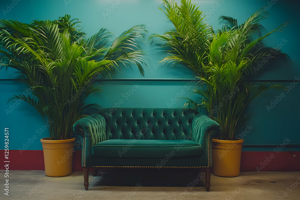 Fototapeta premium Teal room with couch and palm trees. Interior design. Potential use Home decor