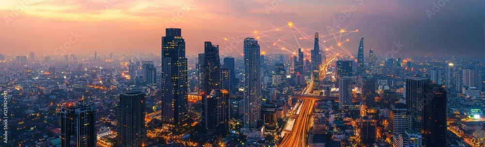 Fototapeta premium City Skyline at Dusk with Network Connections