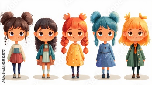 Adorable Cartoon Characters with Varied Hair Colors and Stylish Outfits on White Background