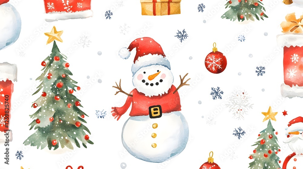 Watercolor christmas seamless pattern with snowman christmas tree and gifts Watercolor christmas seamless pattern with snowman christmas tree and gifts