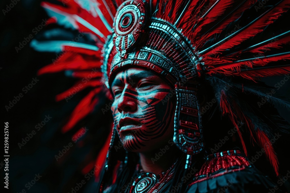 Fototapeta premium Aztec man adorned in ceremonial feathers stands in forest, depicting rich history