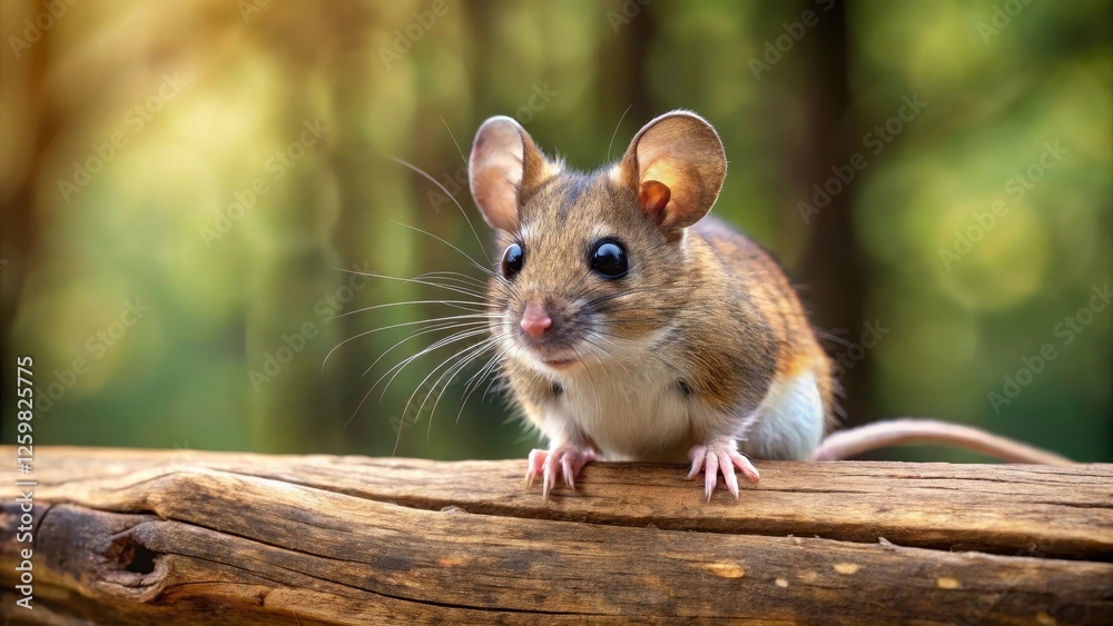 A small rodent with large eyes perched atop weathered wood, amidst a softly blurred verdant background A small rodent with large eyes perched atop weathered wood, amidst a softly blurred verdant background