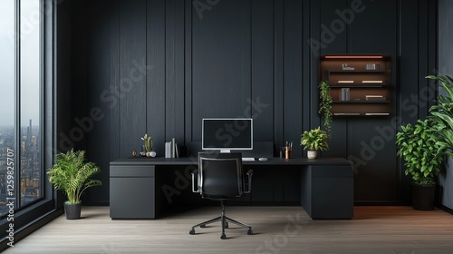 Dark Modern Office Workspace: Sleek and Professional Design with Contemporary Elements for Productivity and Innovation in a Corporate Environment photo