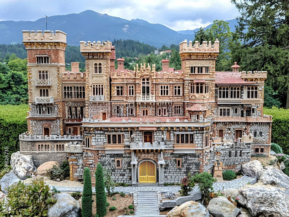 Fototapeta premium Miniature castle model, mountains background, detail garden