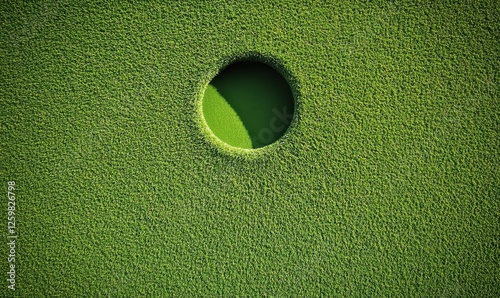 Golf hole on green, top view, sunny day,  background of vibrant grass