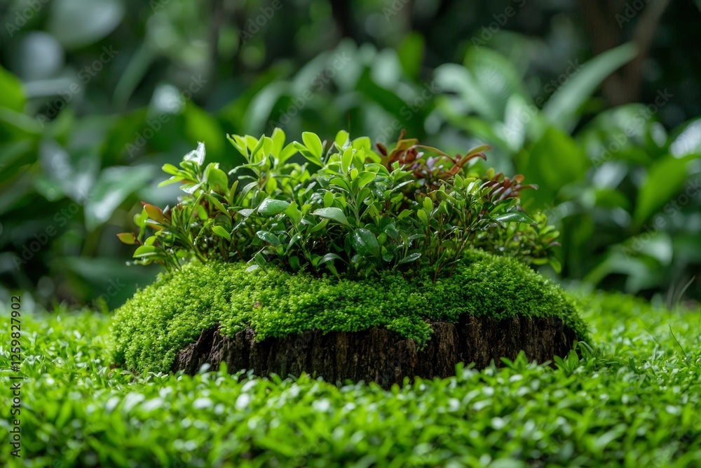 Plant with green leaves on mossy stump in a natural setting for nature blogs Plant with green leaves on mossy stump in a natural setting for nature blogs