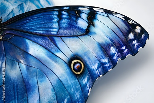 Blue Morpho Butterfly Wing Macro Closeup, White Background, Nature Texture photo