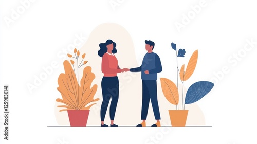People Shaking Hands in a Plant-Filled Minimalist Environment
