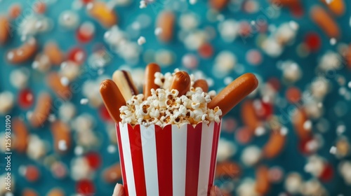 A vibrant and festive image of a traditional American baseball game, showcasing fans enjoying hot dogs, popcorn, and pretzels while cheering on their favorite team.   photo