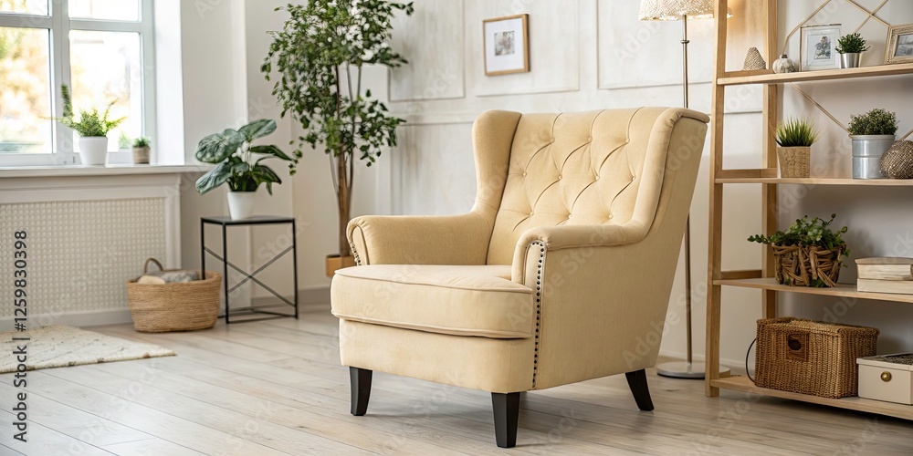 Obraz premium Modern Beige Armchair in Bright Room with Wooden Accents – Stylish Interior Design Inspiration for Cozy Living Spaces