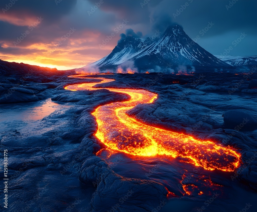 Fototapeta premium volcano in the sunset Volcano Eruption, Holuhraun, Bardarbunga, Iceland