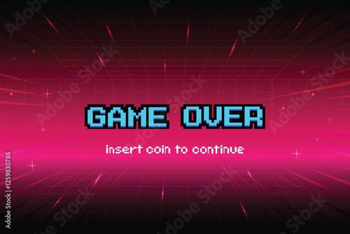 GAME OVER. INSERT A COIN TO CONTINUE. Synthwave wireframe net illustration. pixel art. 8 bit game. retro game. for game assets. Retro Futurism Sci-Fi Background. glowing neon grid and stars.