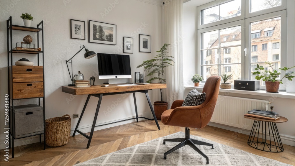 Fototapeta premium Modern Scandinavian Home Office with Wooden Desk and Chair in Bright Living Room