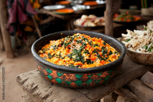 African Cuisine Yam and Spinach dish displayed at outdoor food market, local fare