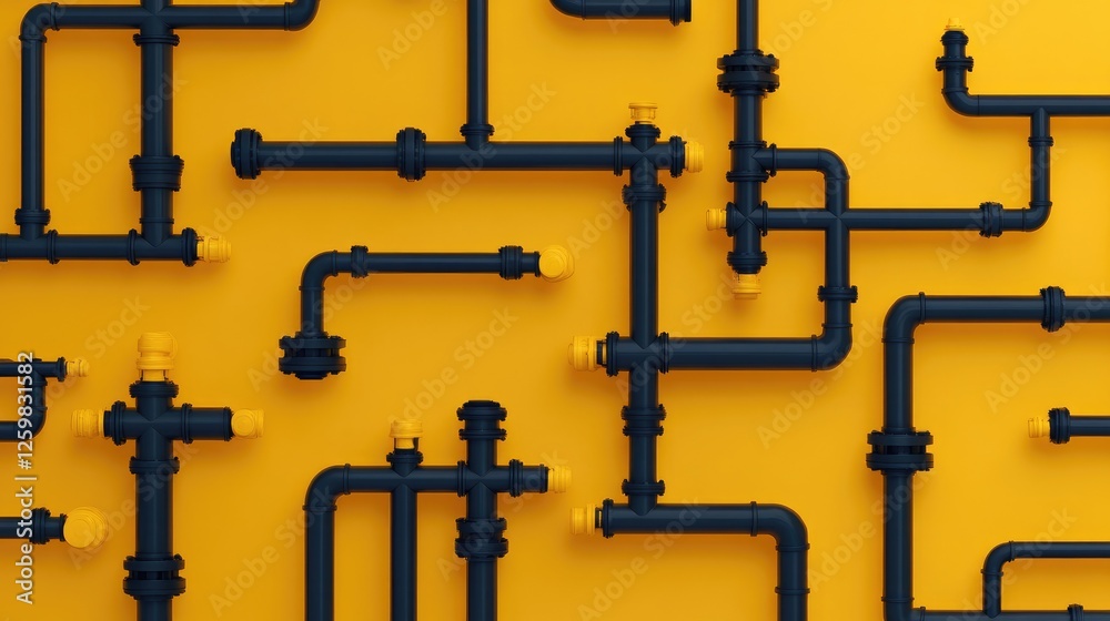 Industrial pipeline connections forming geometric patterns against an electric yellow background Industrial pipeline connections forming geometric patterns against an electric yellow background