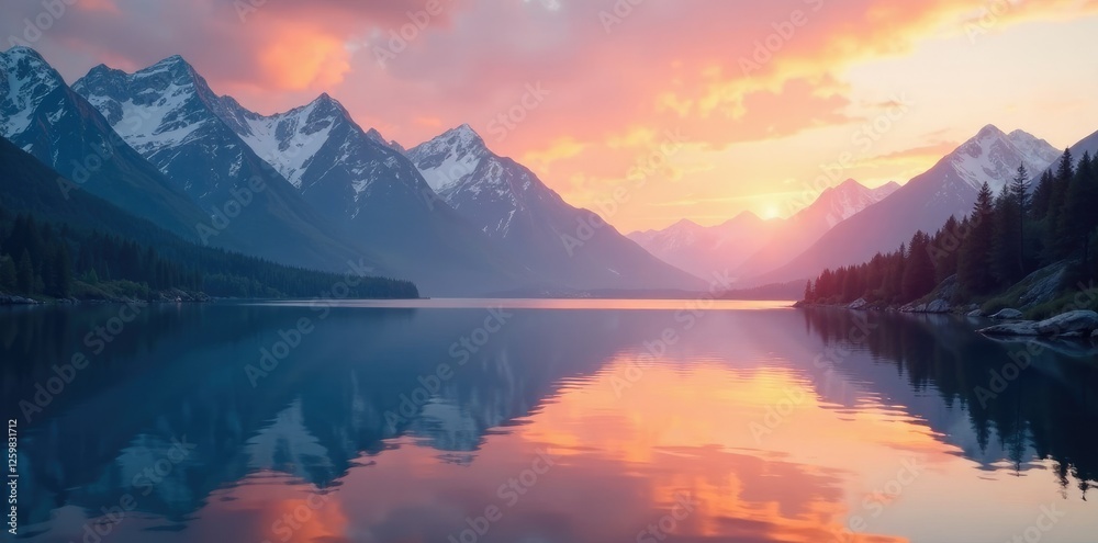 A serene white striped mountain landscape reflected in the calm lake at sunset, peaceful, sunset, serene A serene white striped mountain landscape reflected in the calm lake at sunset, peaceful, sunset, serene