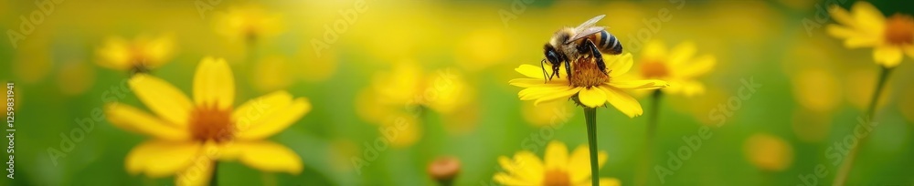 Bees gather nectar from golden flowers in a lush meadow, nature, flowers, meadow Bees gather nectar from golden flowers in a lush meadow, nature, flowers, meadow